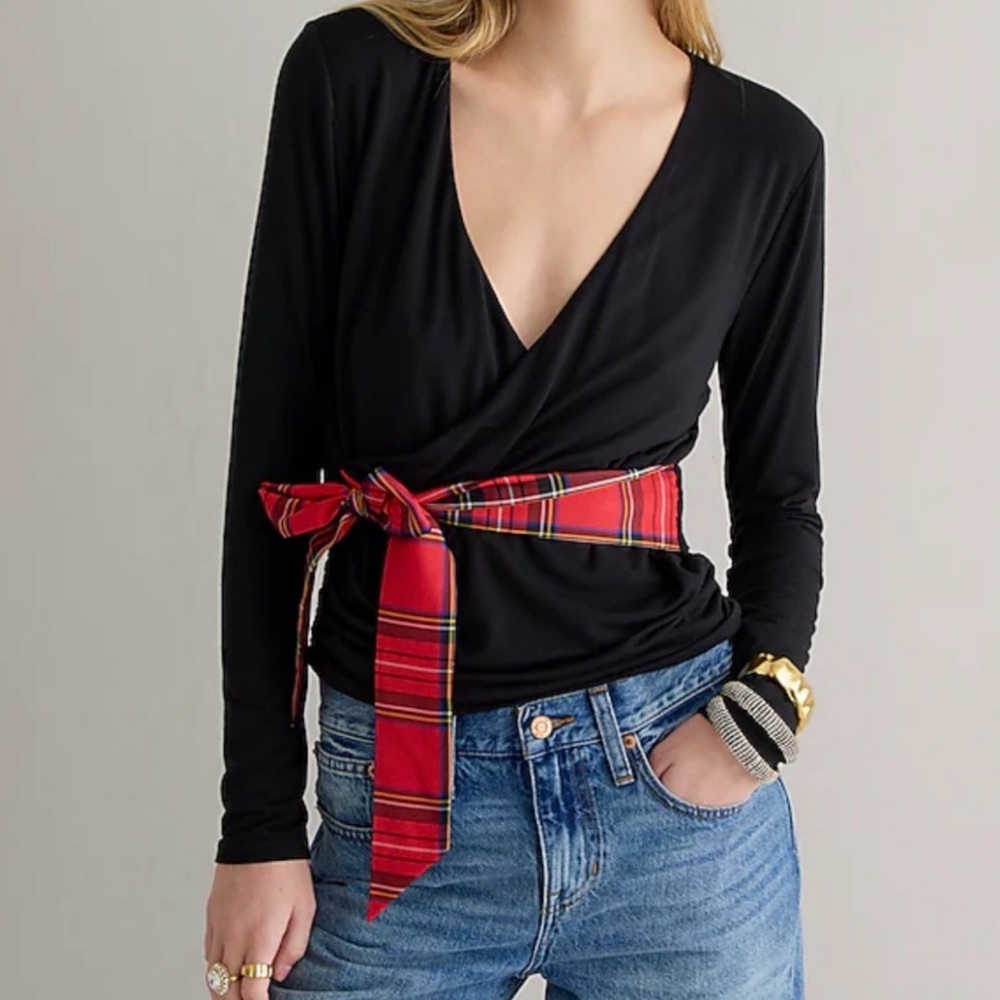 J. Crew Black Long Sleeve Top with Red Plaid Sash